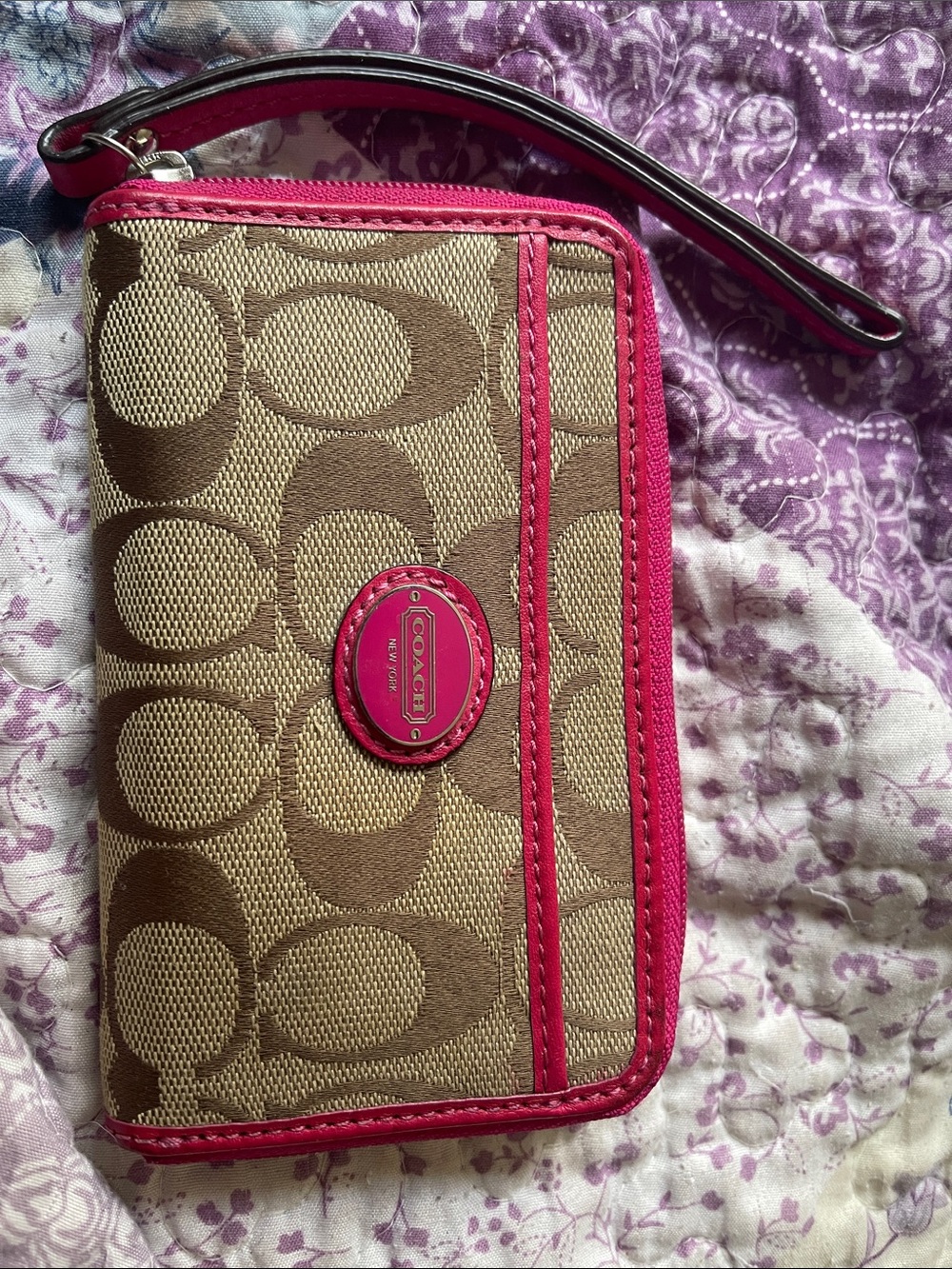 Coach Brown Signature Canvas Wristlet with Pink Trim